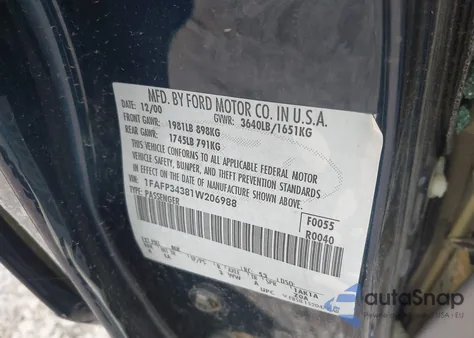 2001 Ford Focus Se из США, поврежденный, VIN 1FAFP34381W206988